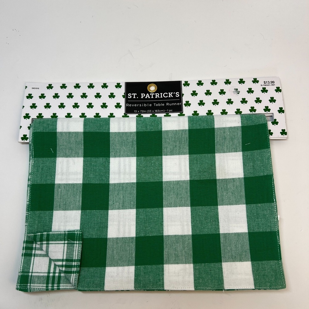 St Patrick's Day Double Sided Reversible Green White Table Runner Two 13x72 NWT - Picture 2 of 13